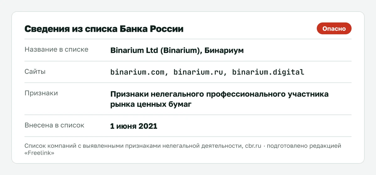 Запись о Binarium (Бинариум) в списке Банка России, внесена 1 июня 2021.