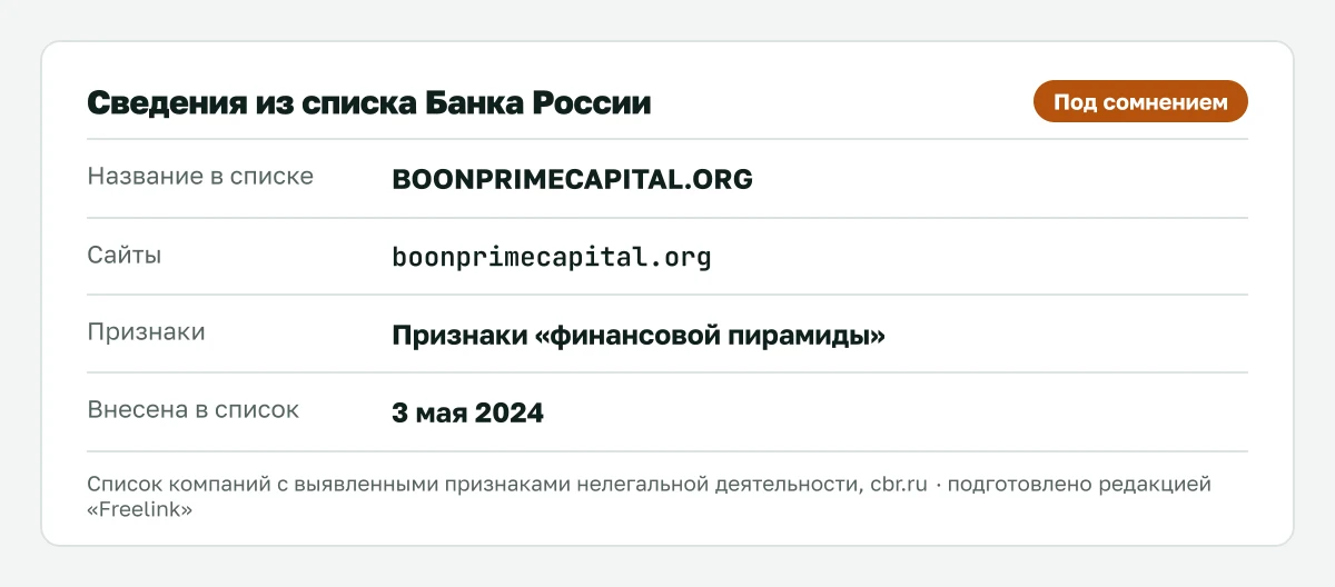 Запись о boonprimecapital.org в списке Банка России, внесена 3 мая 2024.