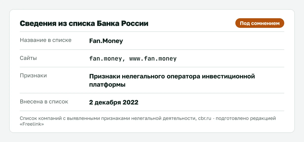 Запись о fan.money в списке Банка России, внесена 2 декабря 2022.