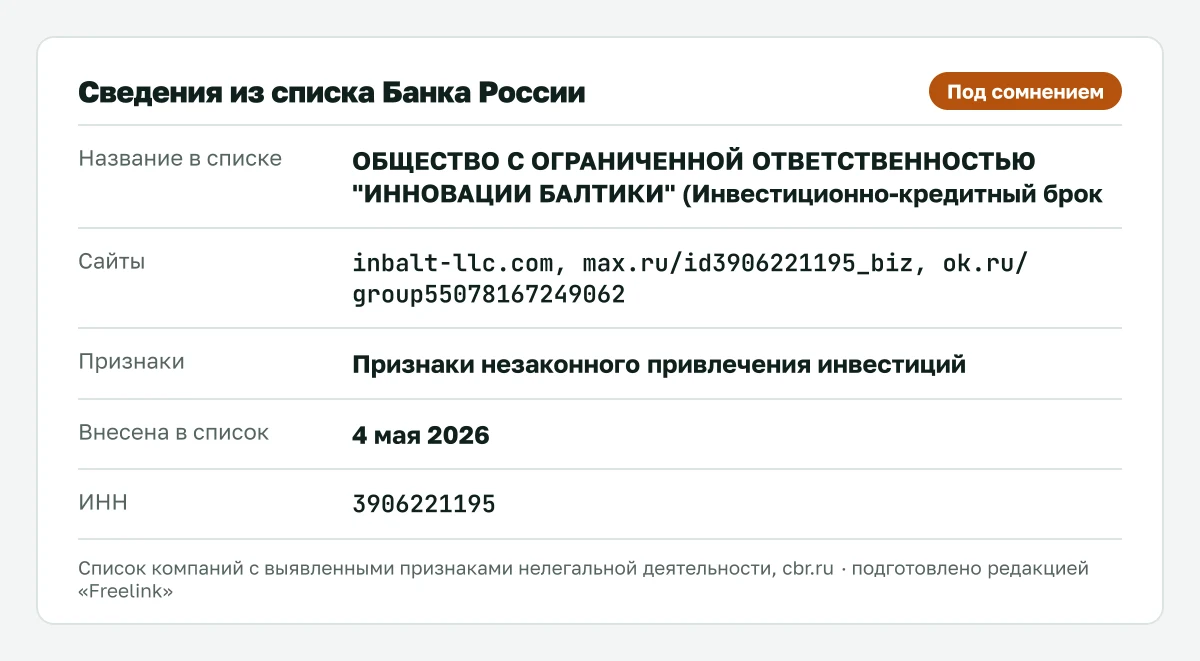 Запись о ИнБалт (ООО «Инновации Балтики») в списке Банка России, внесена 4 мая 2026.