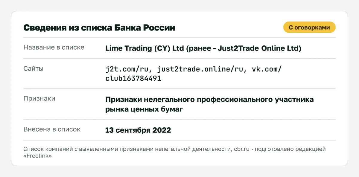 Запись о Just2Trade в списке Банка России, внесена 13 сентября 2022.