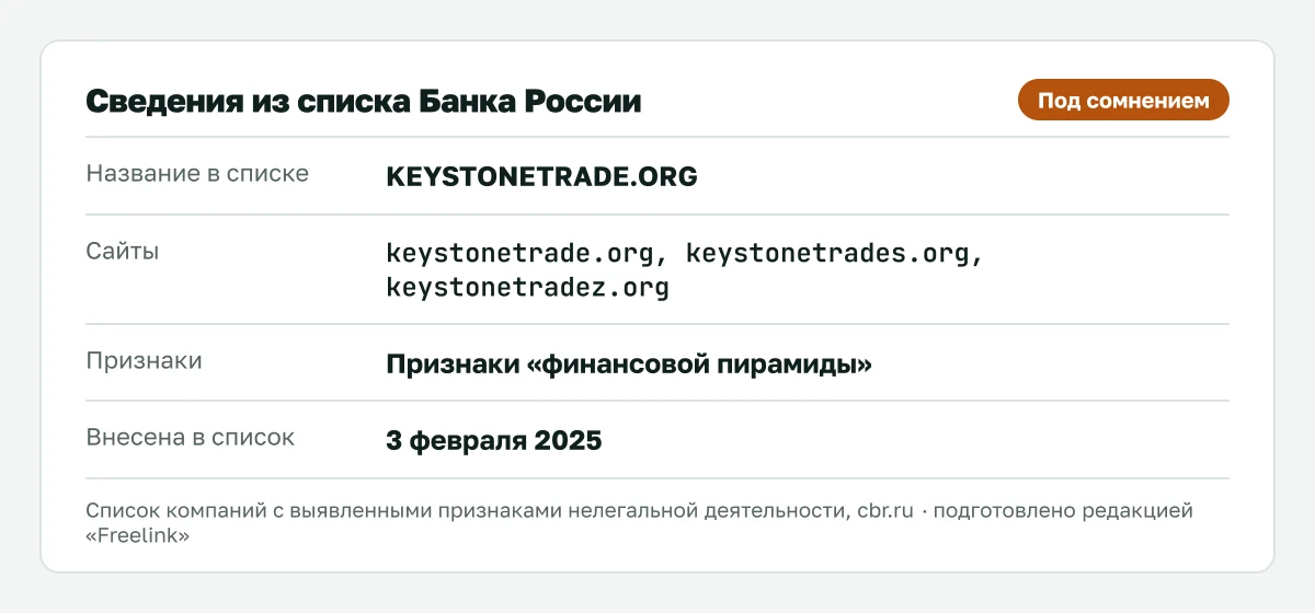 Запись о keystonetrade.org (Keystone Trade) в списке Банка России, внесена 3 февраля 2025.