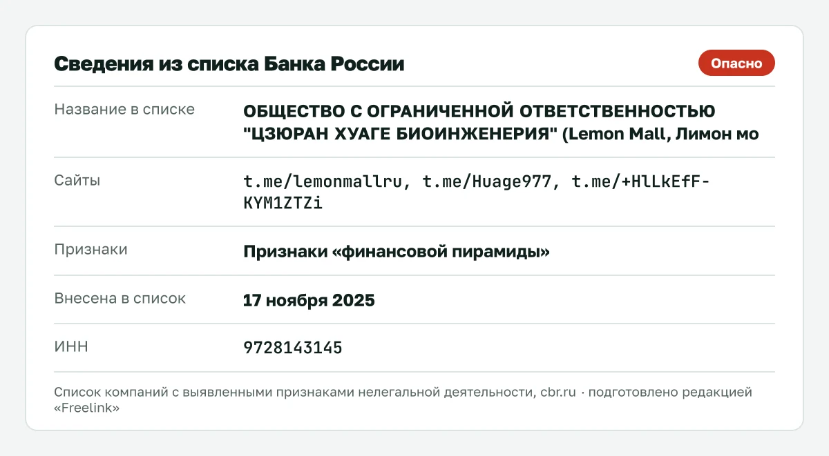 Запись о Lemon Mall («Лимон молл») в списке Банка России, внесена 17 ноября 2025.