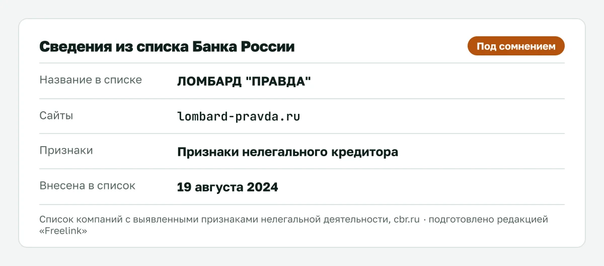 Запись о lombard-pravda.ru (ЛОМБАРД «ПРАВДА») в списке Банка России, внесена 19 августа 2024.