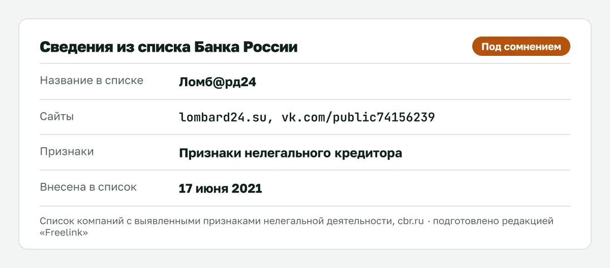 Запись о Ломб@рд24 (lombard24.su) в списке Банка России, внесена 17 июня 2021.