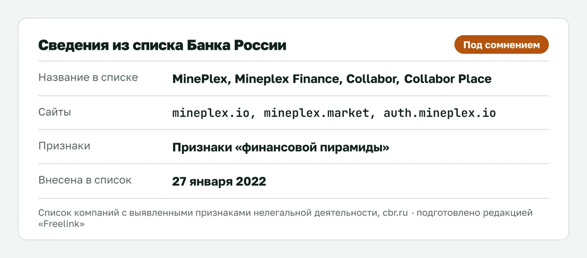Запись о MinePlex в списке Банка России, внесена 27 января 2022.