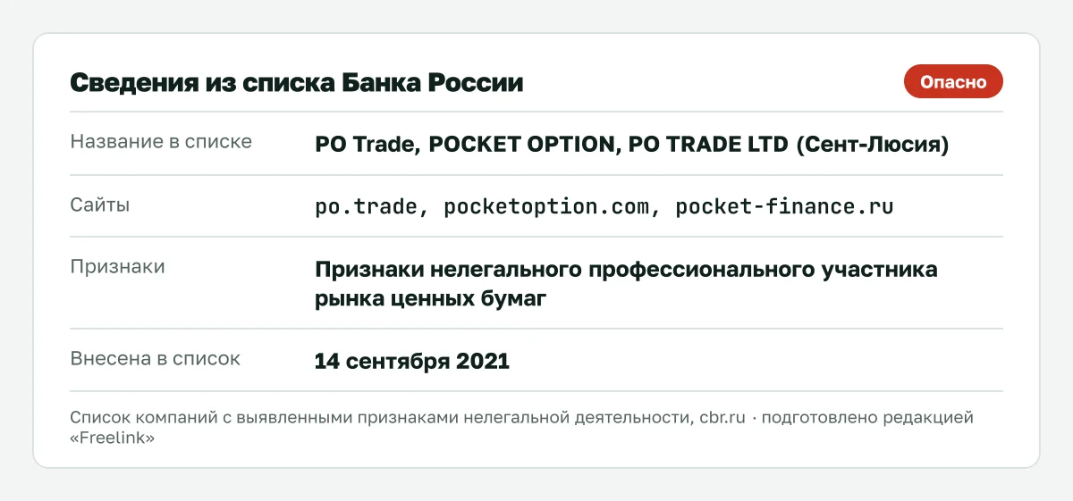 Запись о Pocket Option (pocketoption.com) в списке Банка России, внесена 14 сентября 2021.