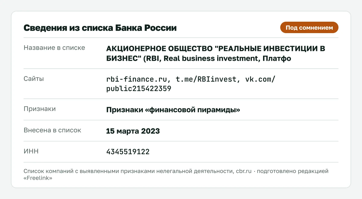 Запись о RBI (Реальные инвестиции в бизнес) в списке Банка России, внесена 15 марта 2023.