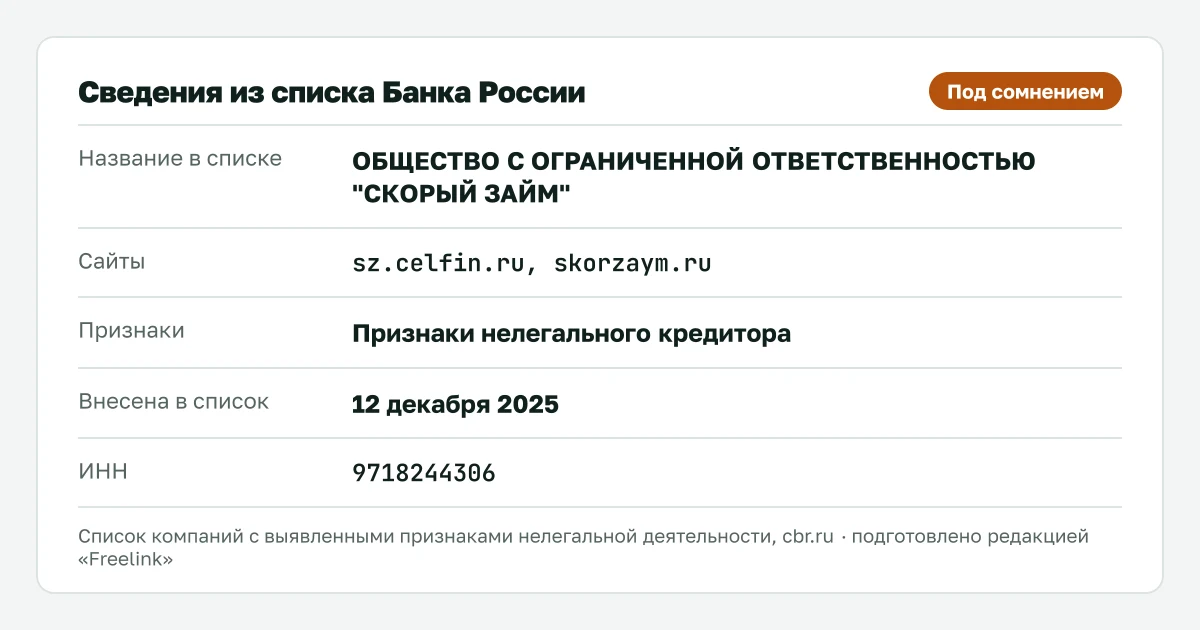 Запись о Скорый Займ (skorzaym.ru) в списке Банка России, внесена 12 декабря 2025.
