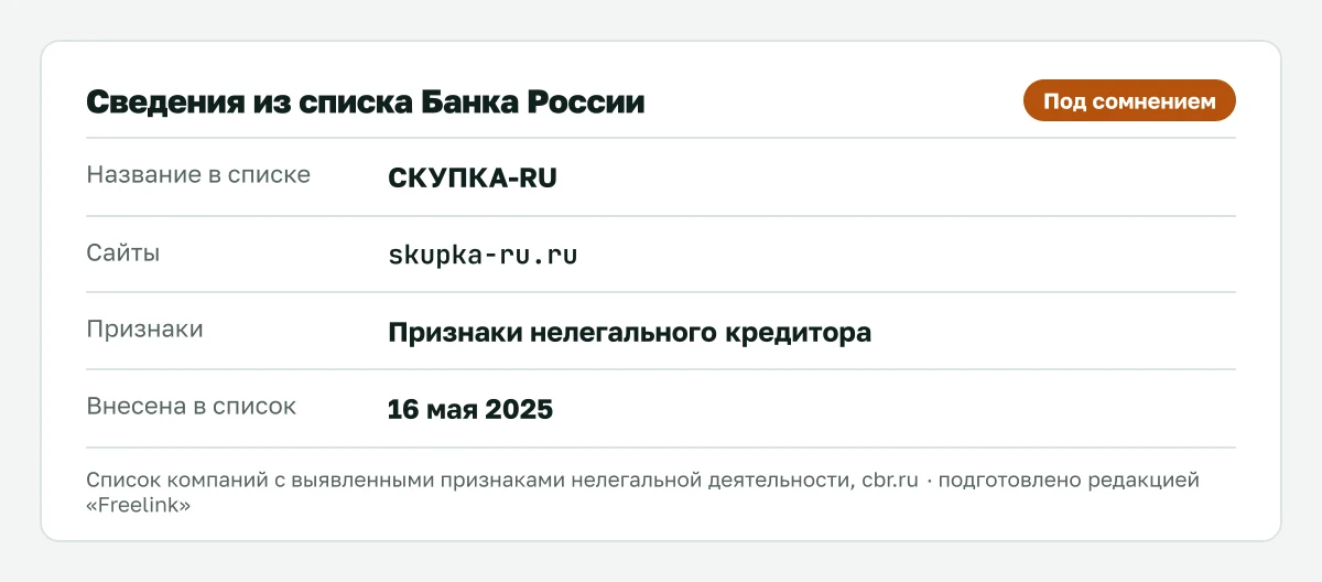 Запись о skupka-ru.ru («СКУПКА-RU») в списке Банка России, внесена 16 мая 2025.