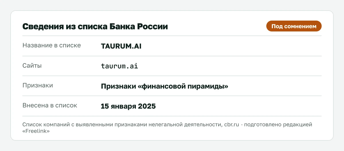 Запись о taurum.ai (Taurum) в списке Банка России, внесена 15 января 2025.