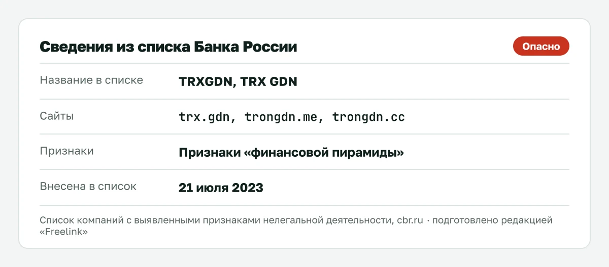 Запись о TRX GDN в списке Банка России, внесена 21 июля 2023.